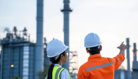 colleagues wearing hard hats at a facility