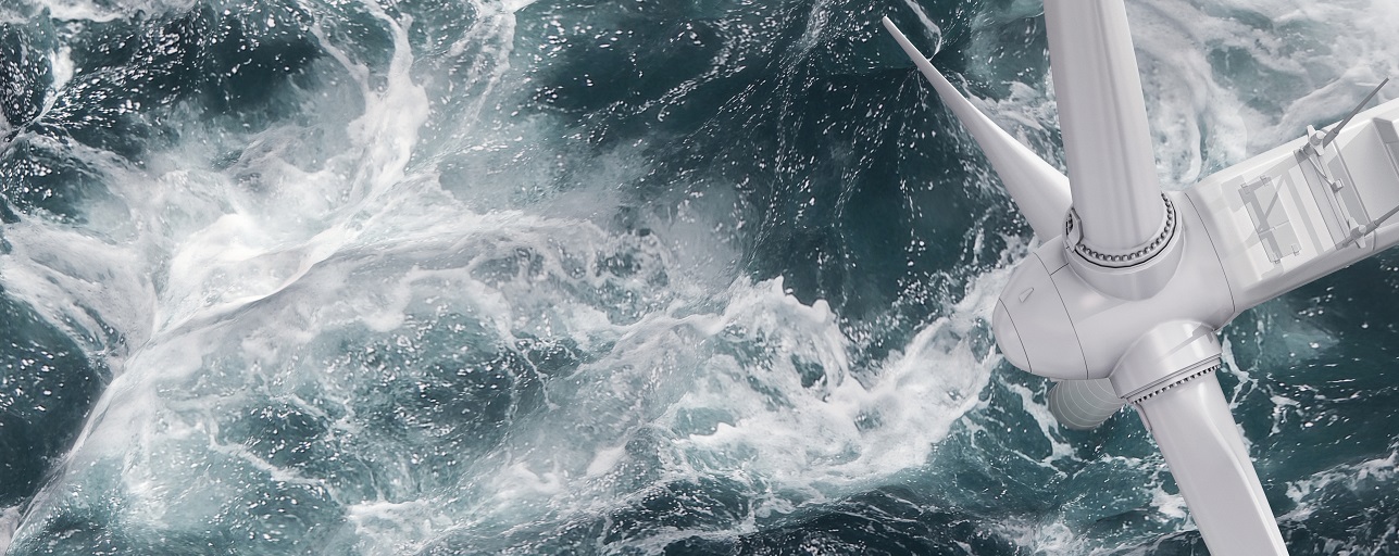 Drone image of an offshore wind turbine in stormy weather